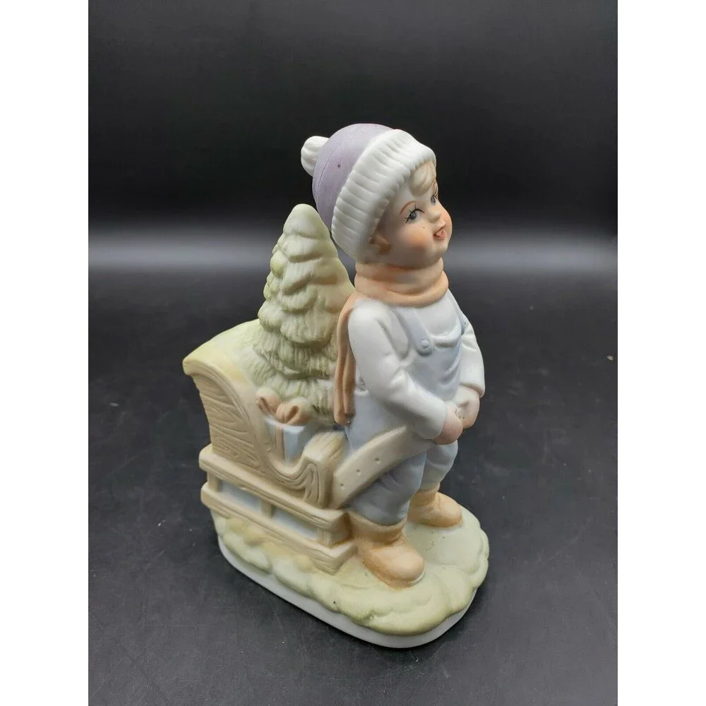 Bisque Porcelain Boy Figurine with Sled and Christmas Tree ROC Taiwan